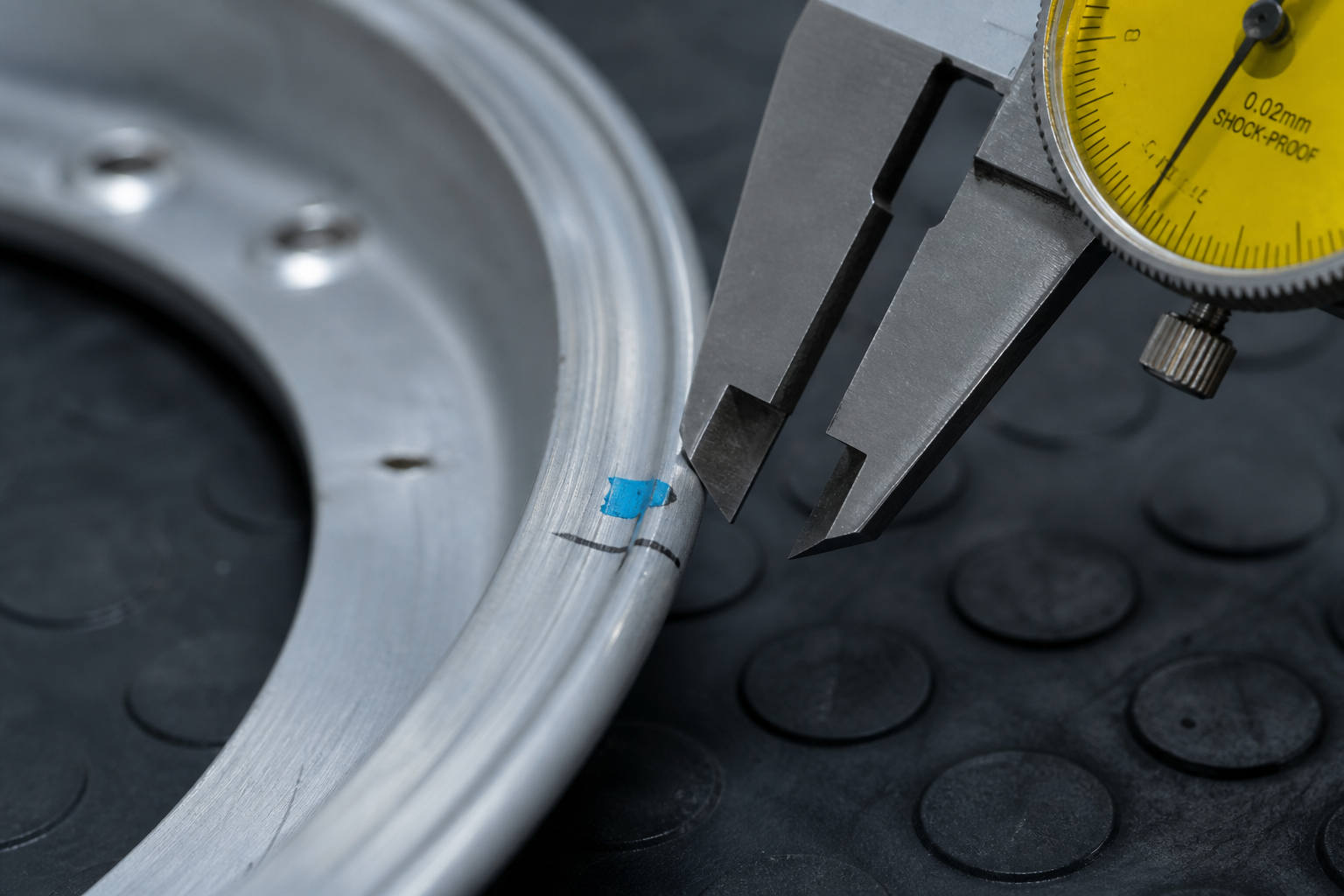 Caliper tips approaching an aluminium rim