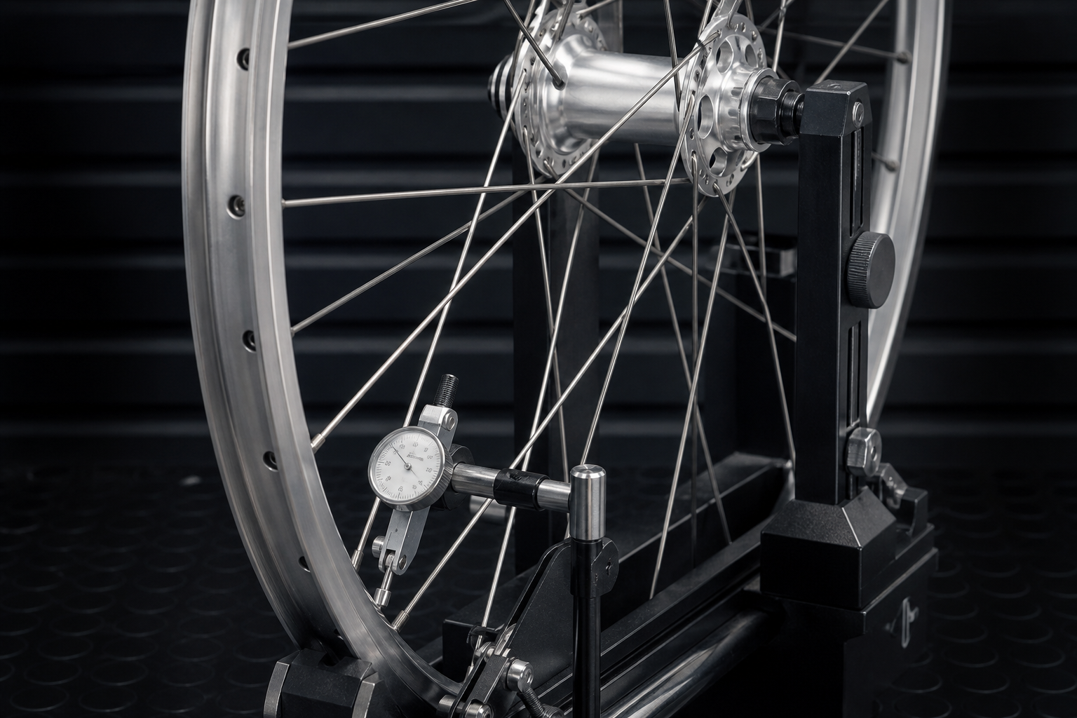 Aluminium rim held in a precision truing stand on a rubber bench