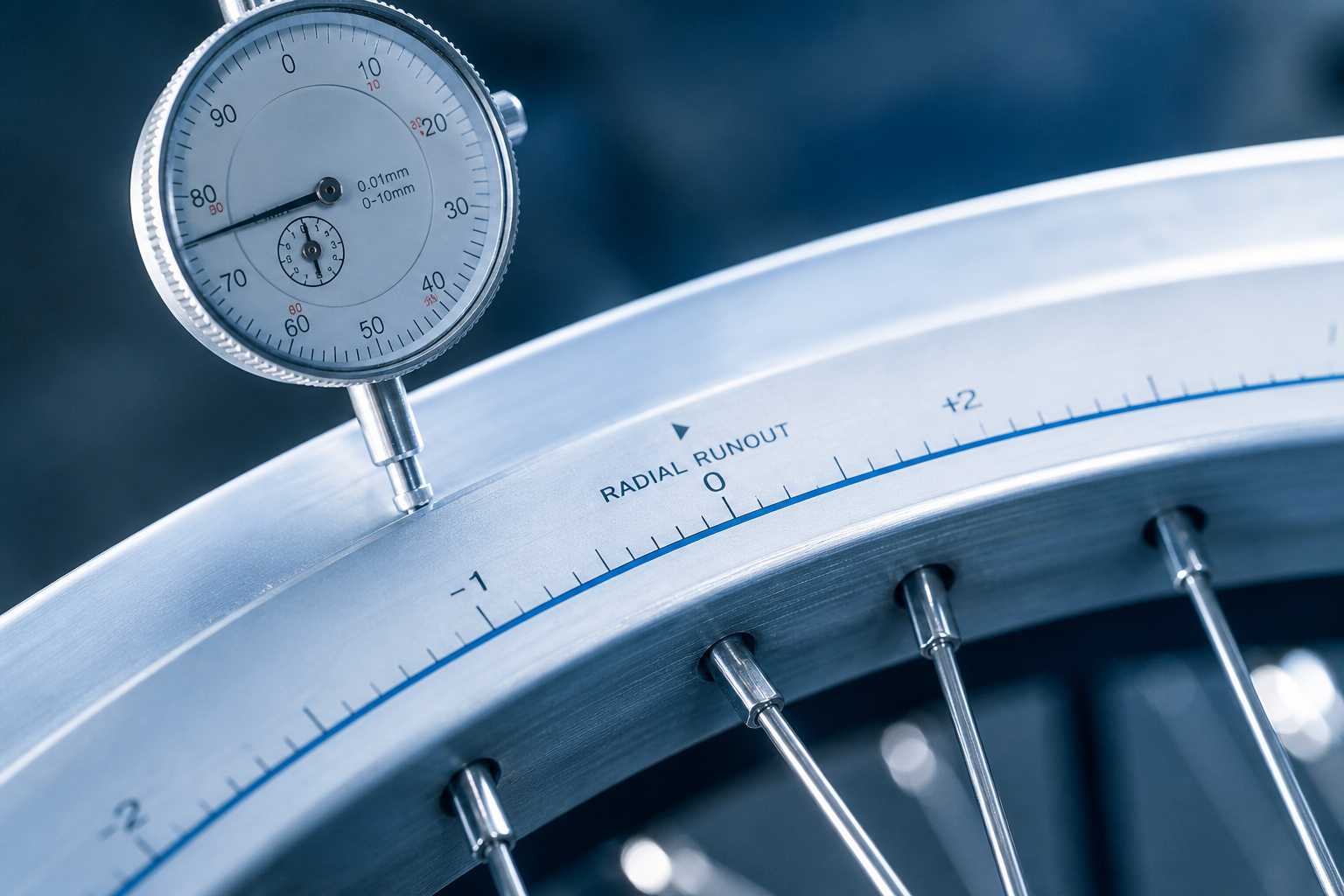 Radial runout gauge on aluminium rim