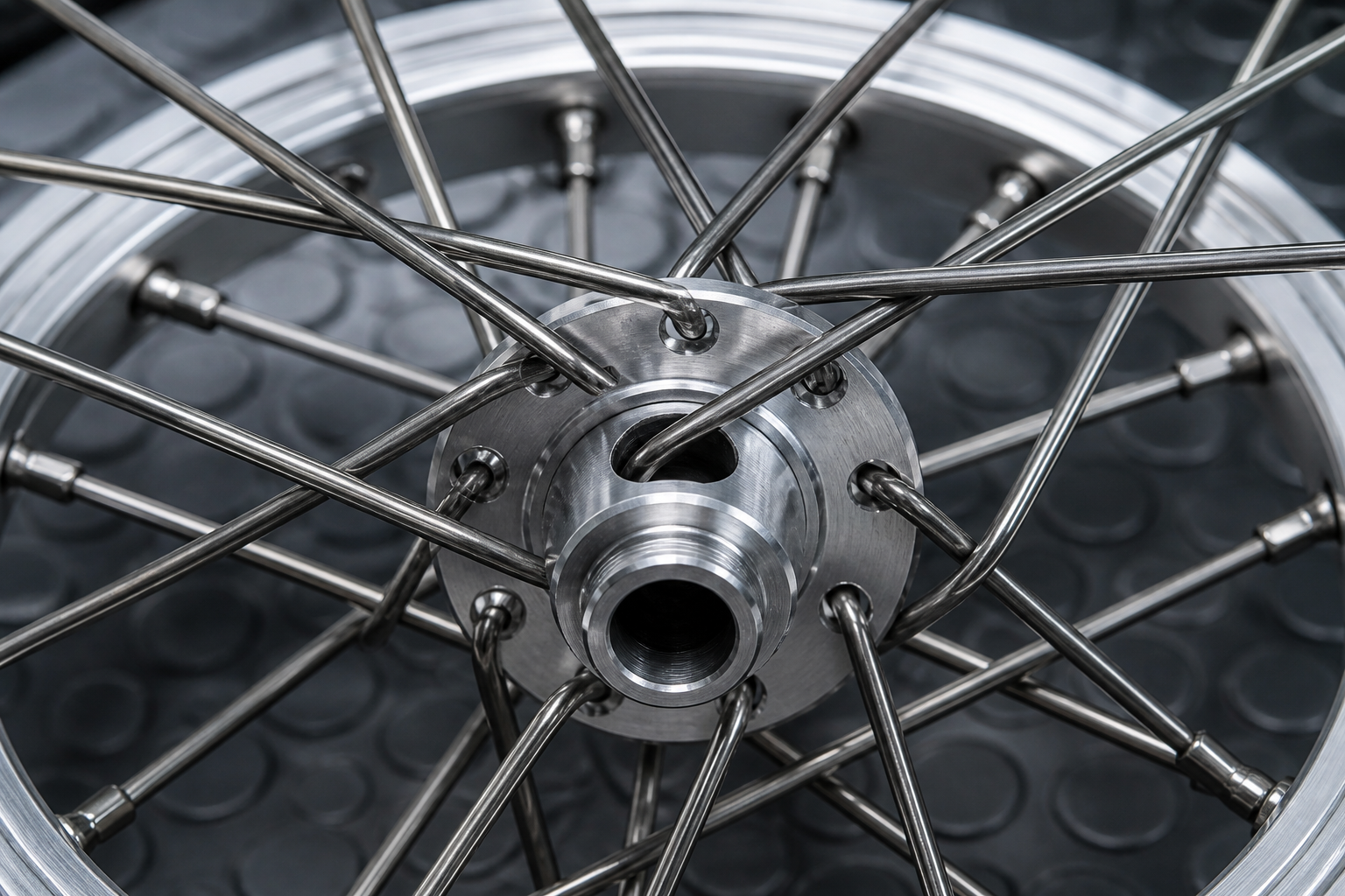 Crossed stainless spokes at a hub flange